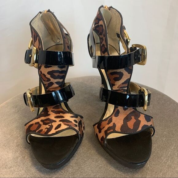 GUESS animal leopard cheetah print black patent strappy high heel sandal Sz 5.5 - Picture 5 of 10